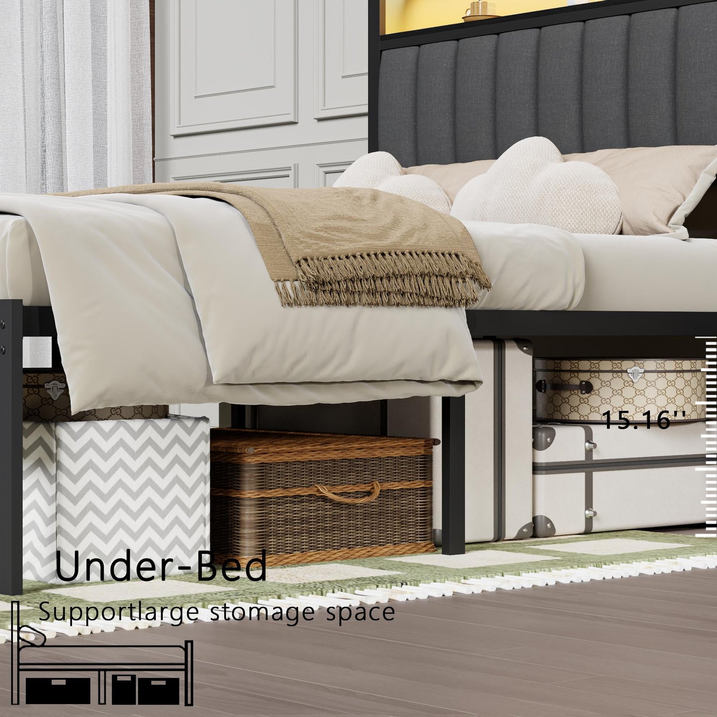 Tydimor King Size Metal Smart Bed Frames with Upholstered Headboard, LED Lights, USB Ports and Outlets, Storage Shelves & Underbed
