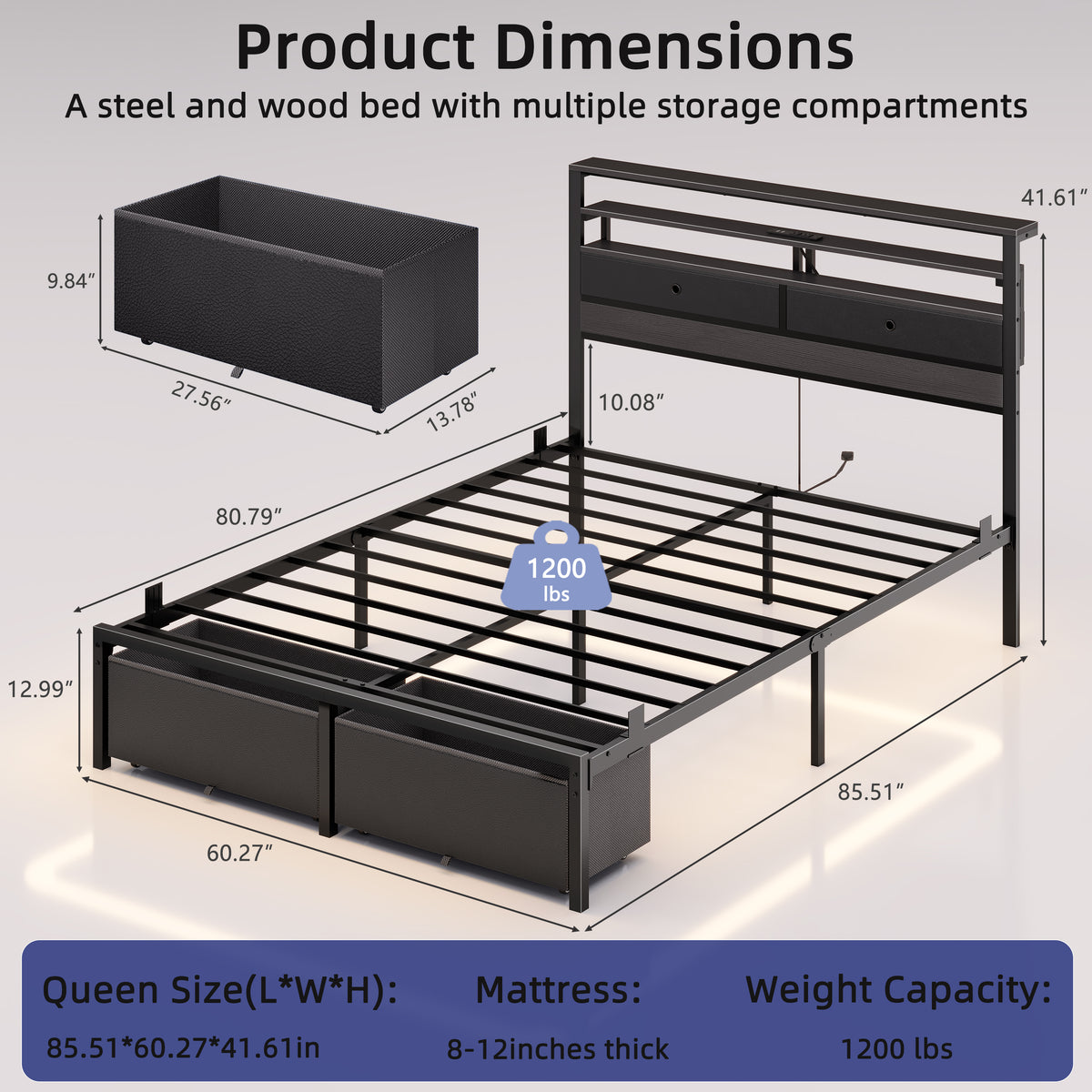 Satifur LED Queen Bed Frame with Storage Headboard and Drawers,Heavy Duty Platform Bed with Charging Station, No Box Spring Needed