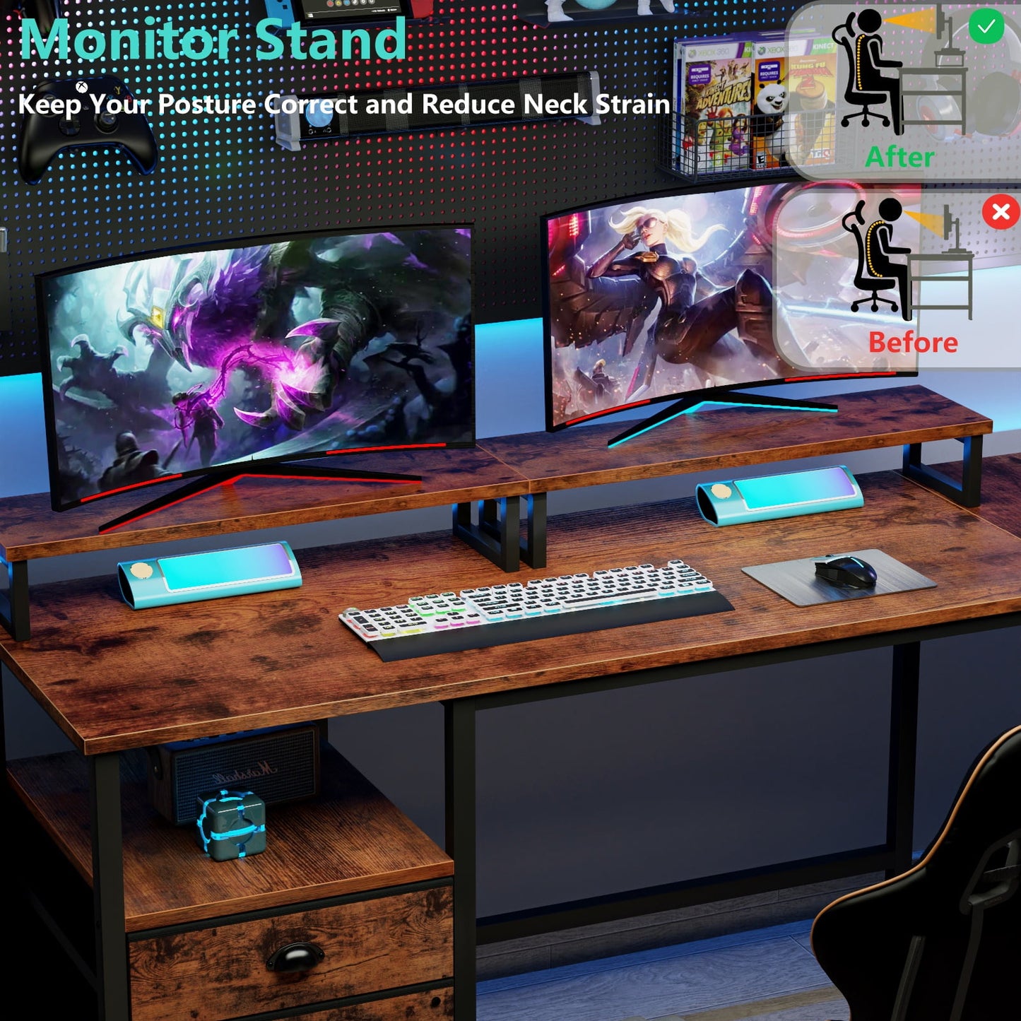 Satifur Computer Desk L-Shaped, Reversible Gaming Desk, Rustic Brown