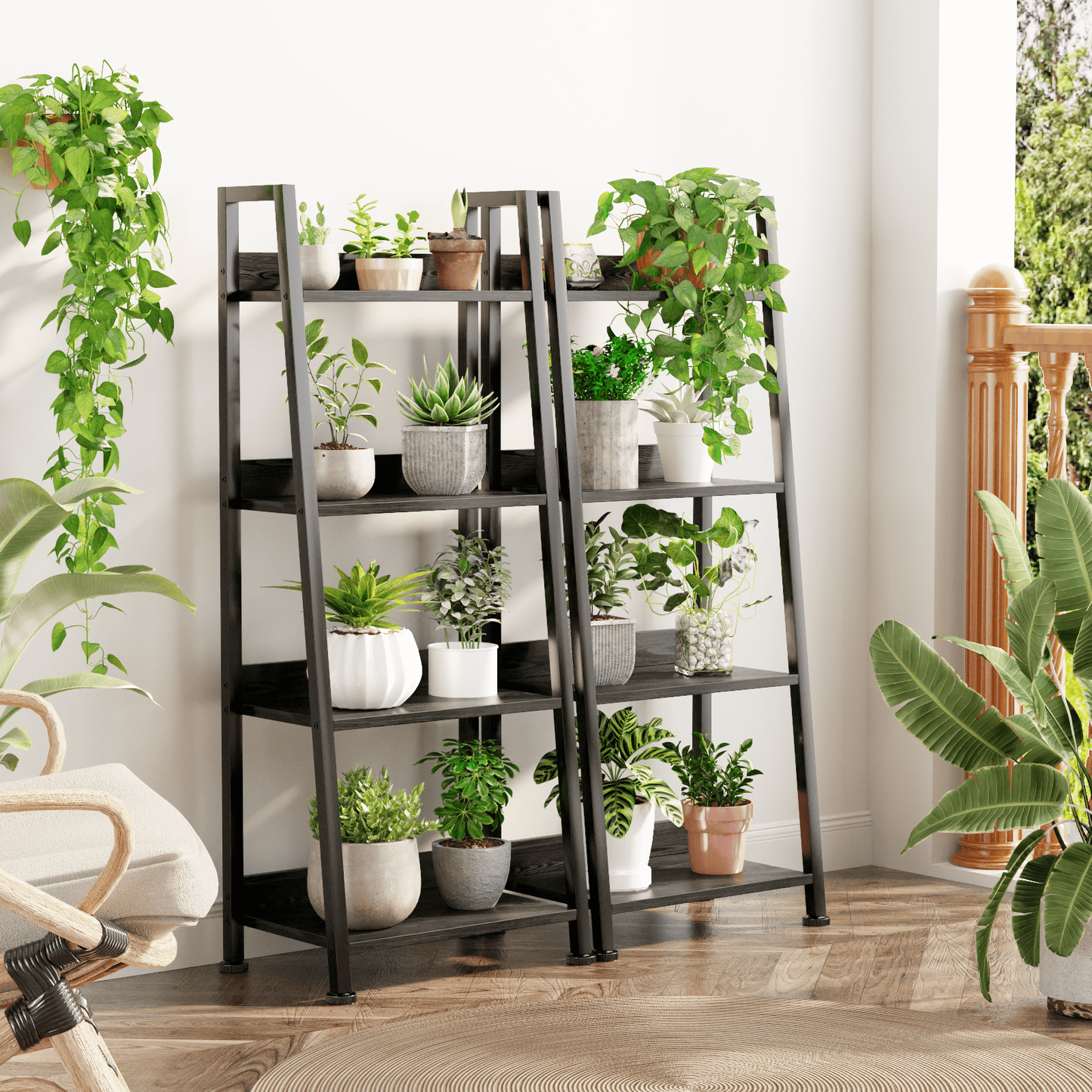 Tydimor 4-Tier Ladder Bookshelf With Drawer, Leaning Bookcase Storage Display Shelf, Black Oak