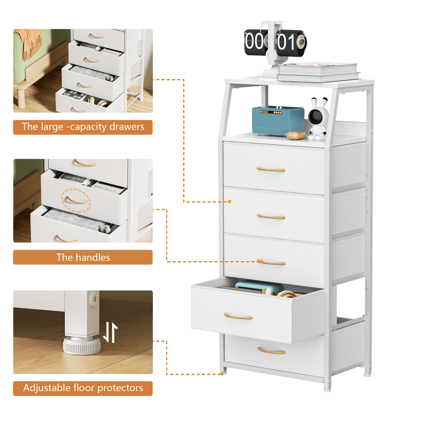 TYDIMOR Fabric Dresser for Bedroom, 5 Drawer Chest of Drawers, White, Ideal for Adults