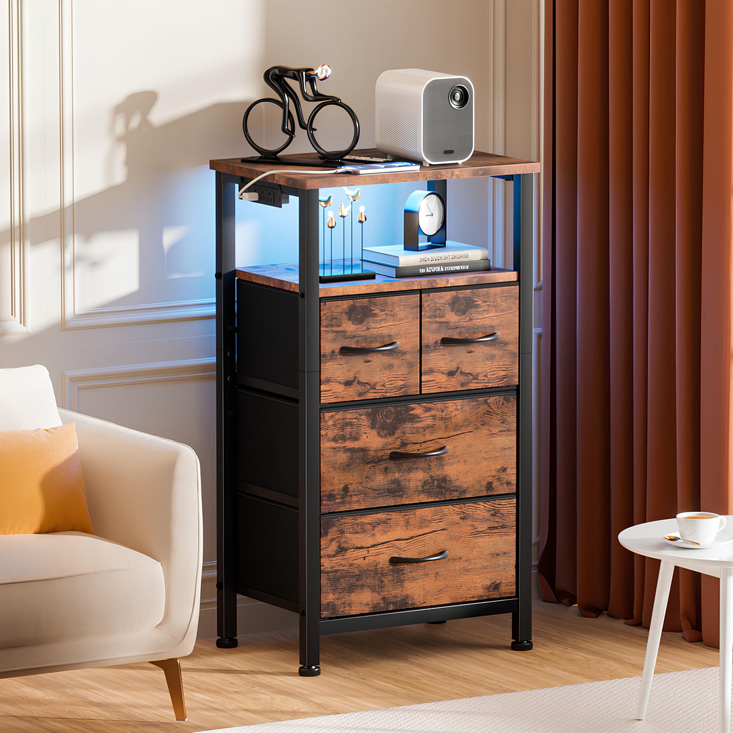 TYDIMOR 4 Drawer Dresser,Small Dresser with Charging Station and LED, Brown, for Bedroom and Living Room