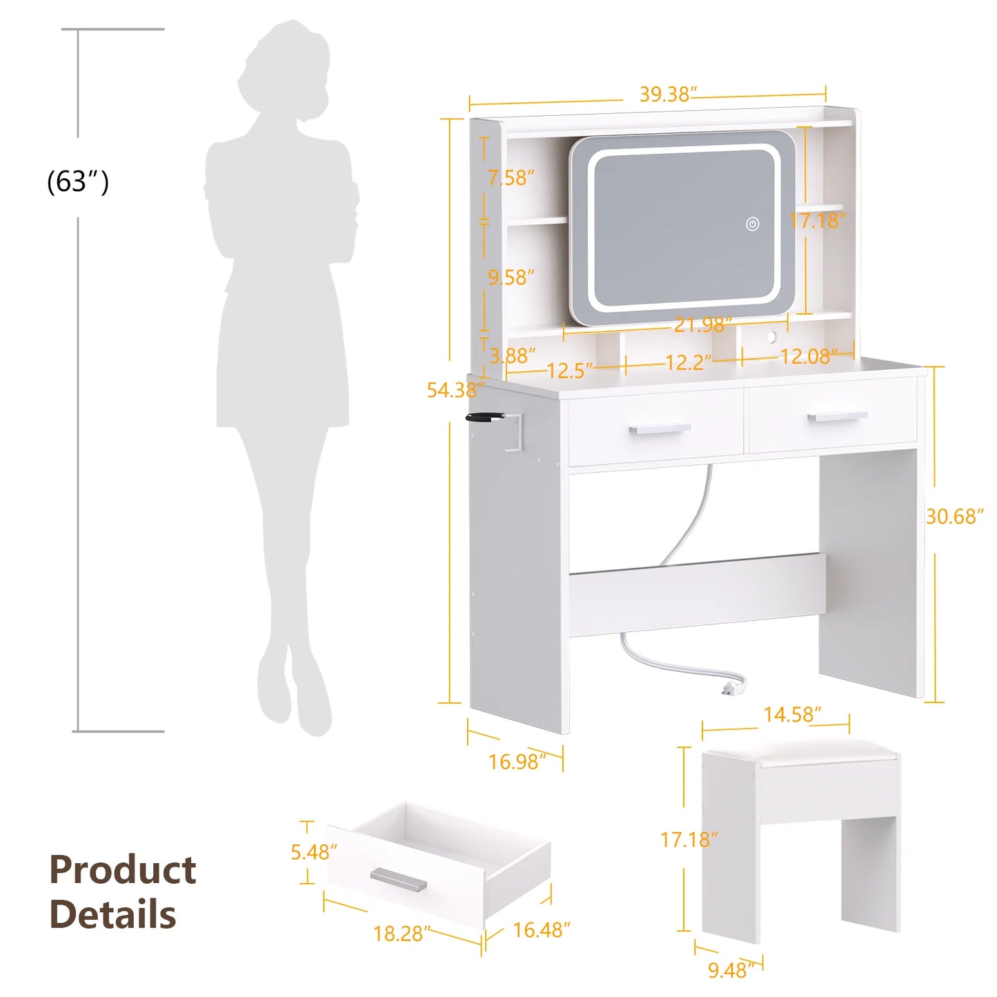 Tydimor Vanity Set with Sliding Mirror & Lights, Women Dressing Table with Outlets, Makeup Vanity Desk with Drawers & Stool