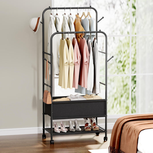 Satifur Double Rail Clothes Rack on Wheels, Heavy Duty Clothes Hanging Rack, Free Standing Garment Rack with Clothes Storage Bag, Black