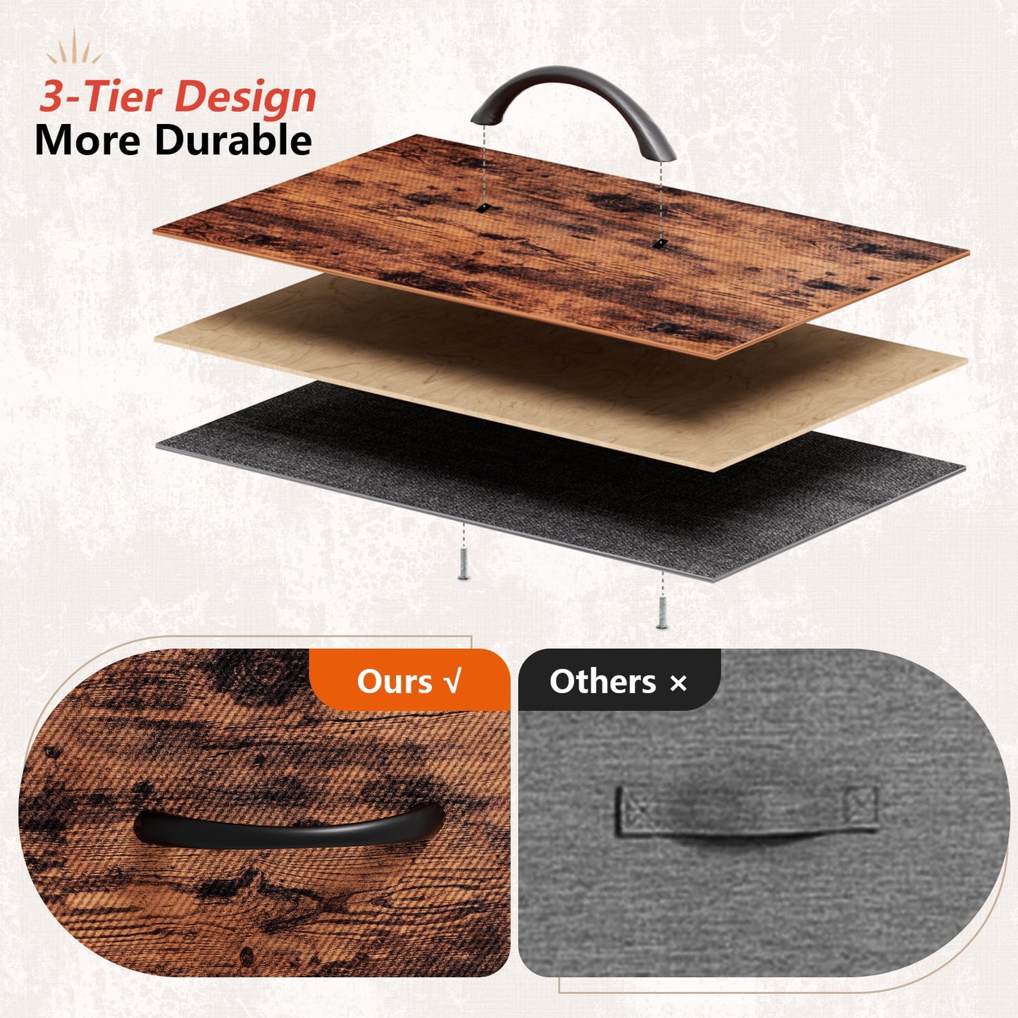 Satifur Chest of Drawers for Bedroom, 3 Tier Wide Dresser with 5 Fabric Drawers, Rustic Brown