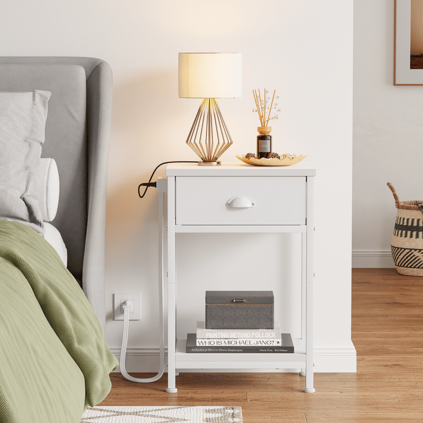 Satifur Set of 2 Nightstand with Charging Station for Bedroom,Side End Table with Outlets & USB Ports,White