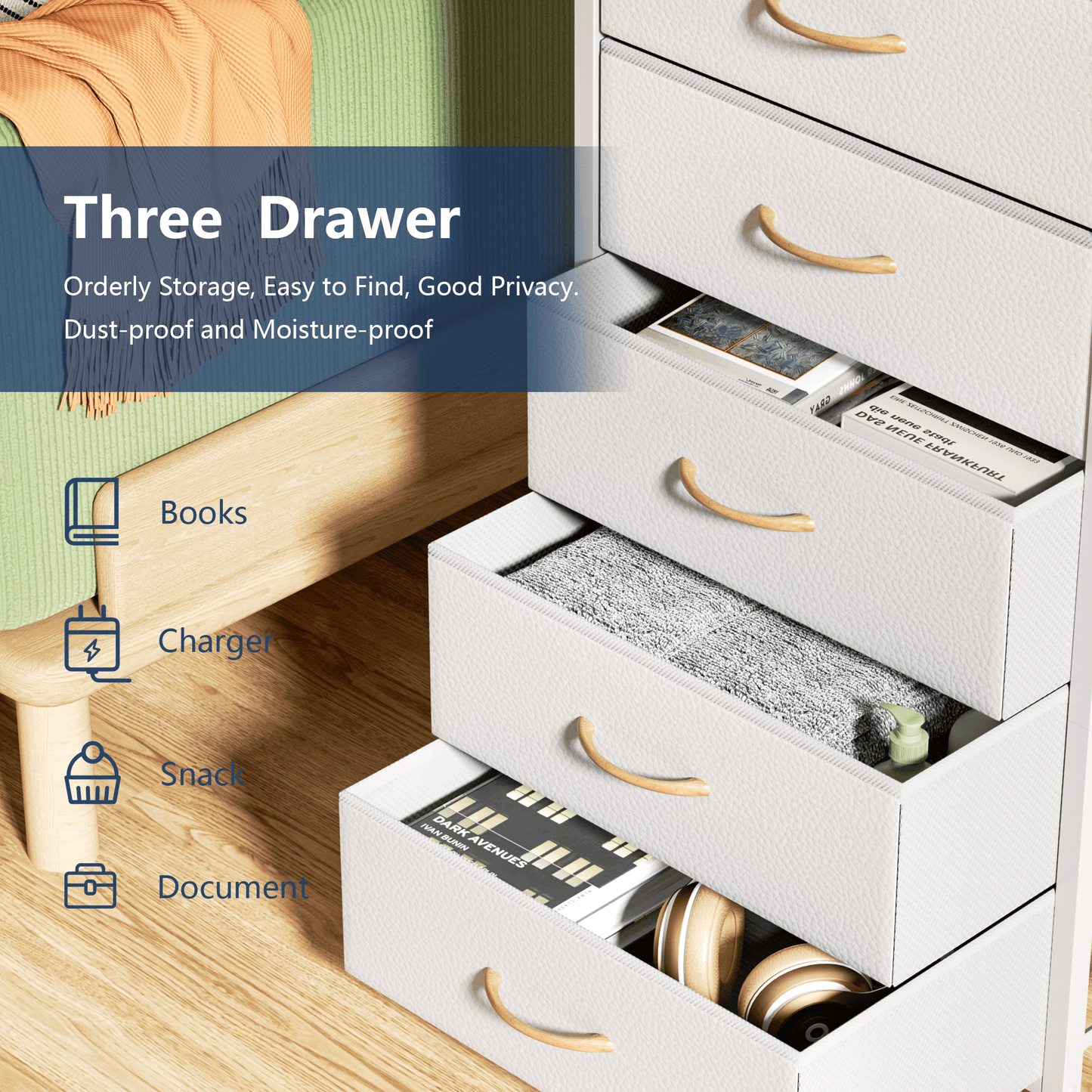 TYDIMOR Fabric Dresser for Bedroom, 5 Drawer Chest of Drawers, White, Ideal for Adults