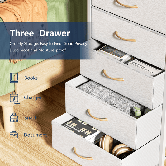 TYDIMOR Fabric Dresser for Bedroom, 5 Drawer Chest of Drawers, White, Ideal for Adults