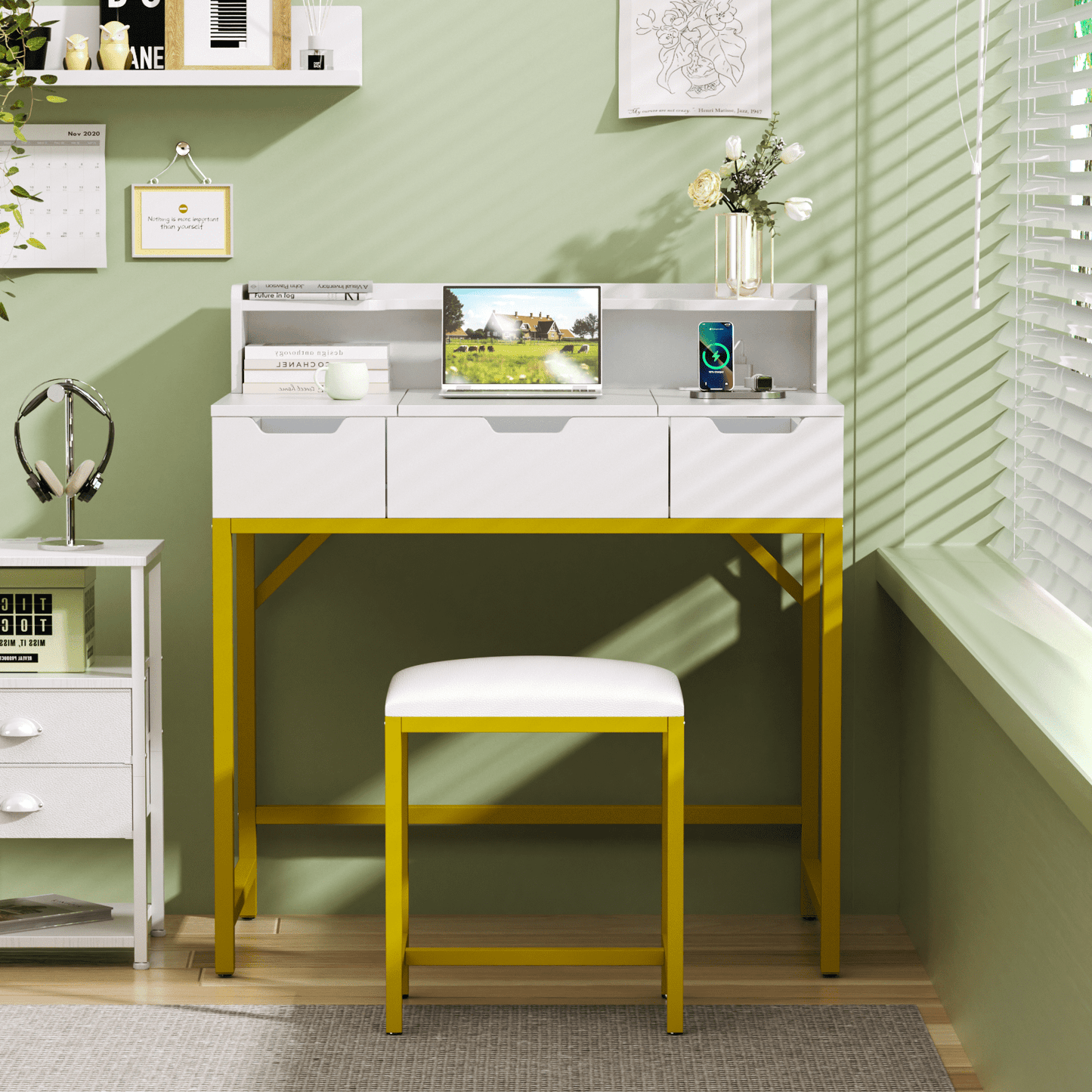 Tydimor Flip-top Vanity Set, Women Dressing Table with Outlets, Makeup Vanity Desk with Mirror, Drawers & Stool