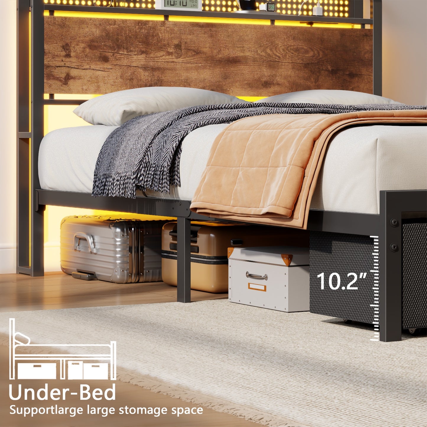 Satifur Twin Bed Frame with 2 Drawers & Storage Headboard, Platform Metal Bed with Charging Station, No Box Spring Needed