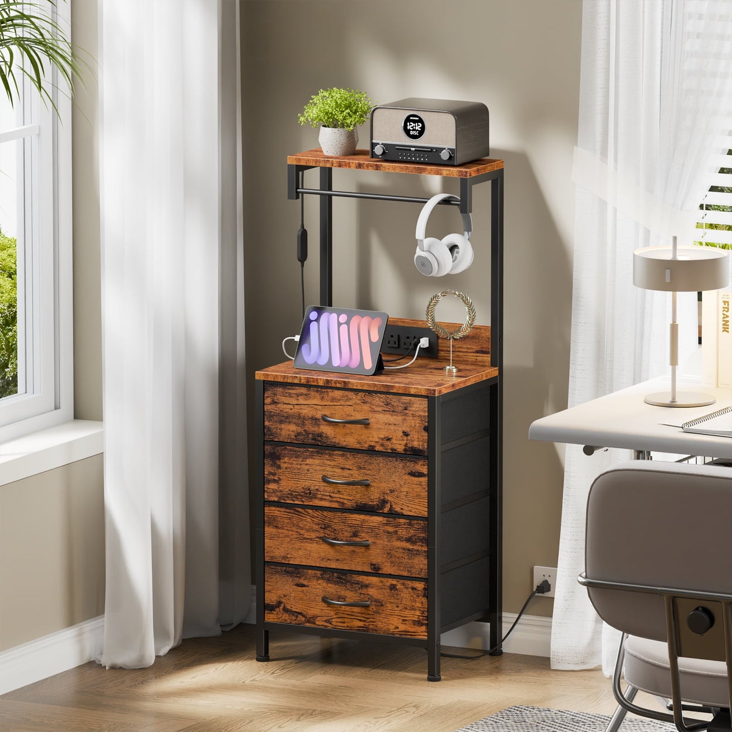Satifur Tall Nightstand with Charging Station and Drawers, Bedside Table with 4 Fabric Drawers, LED Lights, and 2 Storage Shelves, Rustic Brown
