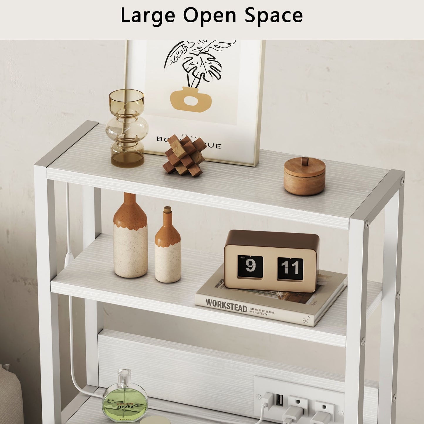 Satifur Tall Nightstand with Charging Station and LED Lights, Bedside Table with Bookshelf,3 Fabric Drawers, White