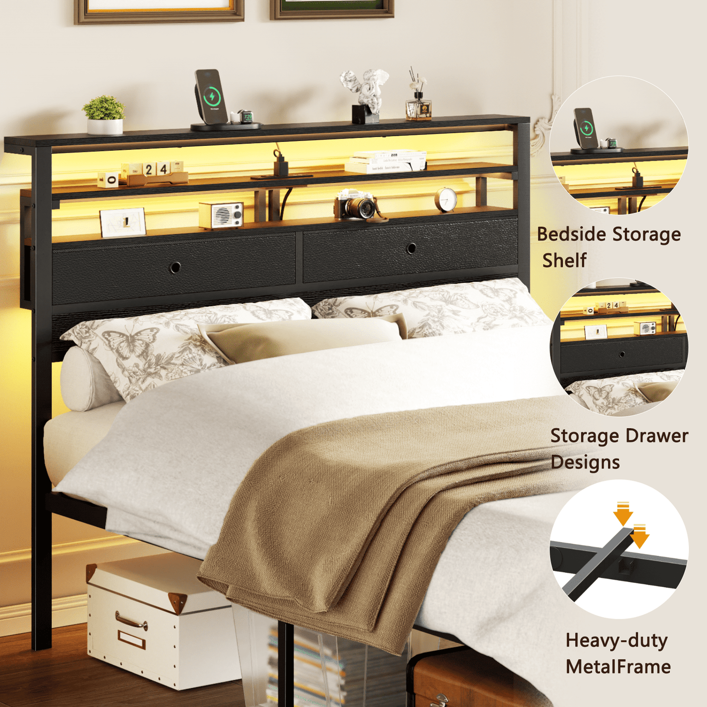 Tydimor Queen Size Bed Frame with 2 Storage Drawers Headboard, LED & Charging Station, Black oack