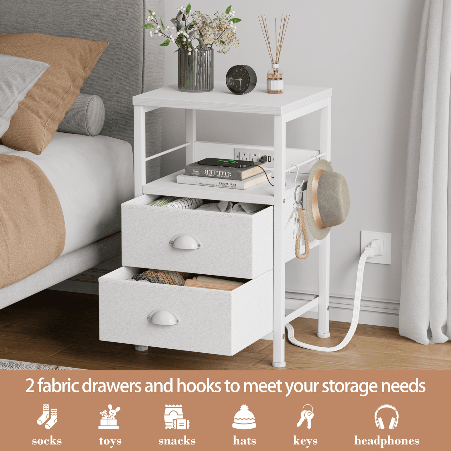 Satifur Nightstand with Charging Station, Bedside End Table with Fabric Drawers,Outlets & USB Ports, White