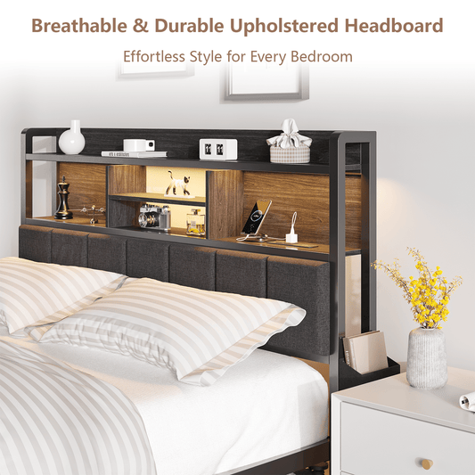 Satifur Queen Bed Frame with LED Headboard Storage Shelf & 2 Drawers, Metal Platform, Noise Free, Black