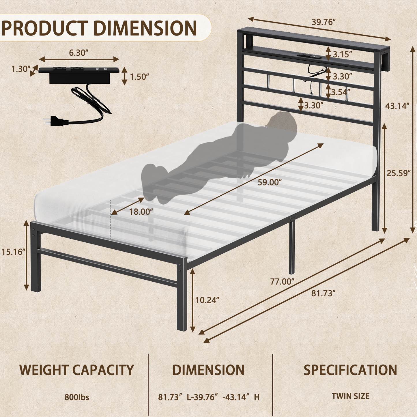 Satifur Twin Size Bed Frame with LED Storage Headboard Shelf, 43.14" High Metal Platform Bed, Black oack