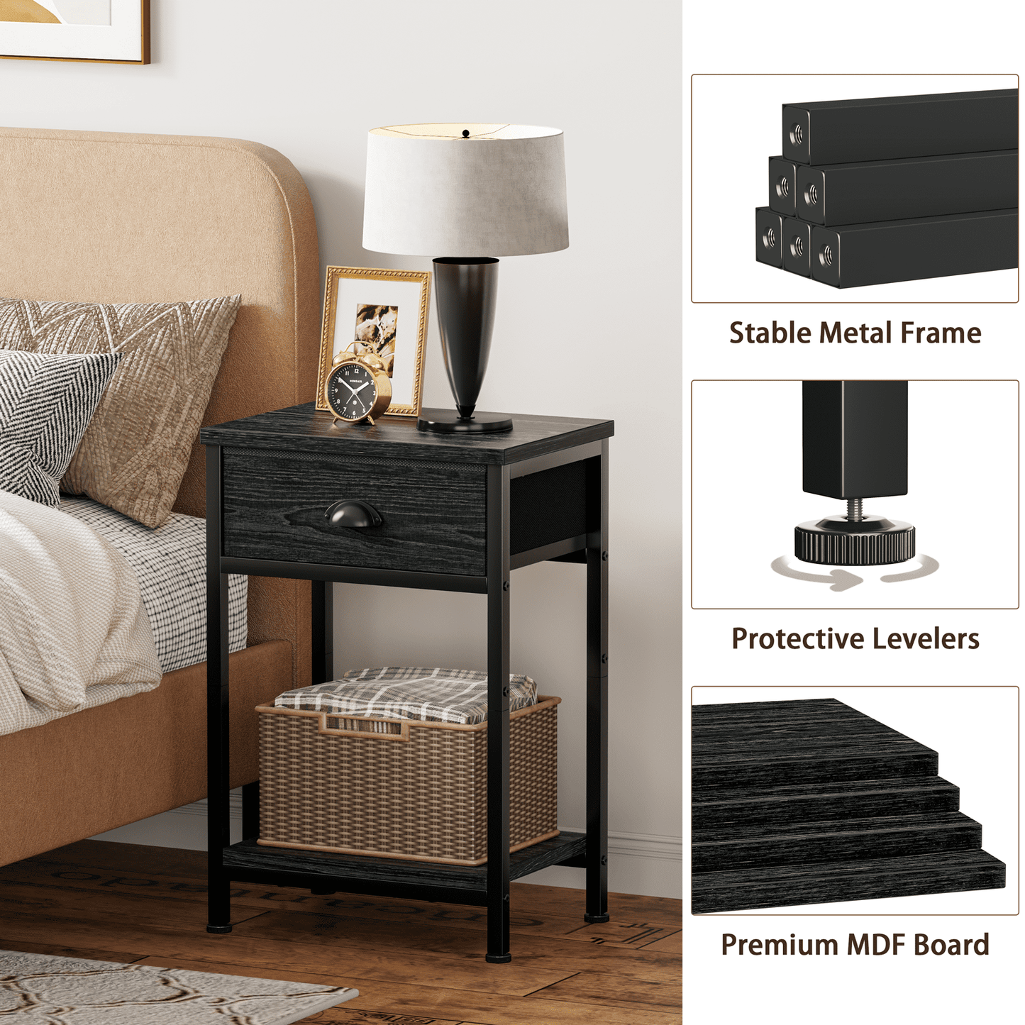 Satifur Nightstand for Bedroom,3-Tier End Table with Drawer,Black Oak Finish