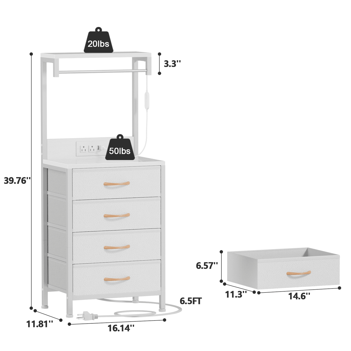 Satifur Tall Nightstand with Charging Station and Drawers, Bedside Table with 4 Fabric Drawers, LED Lights, and 2 Storage Shelves, White