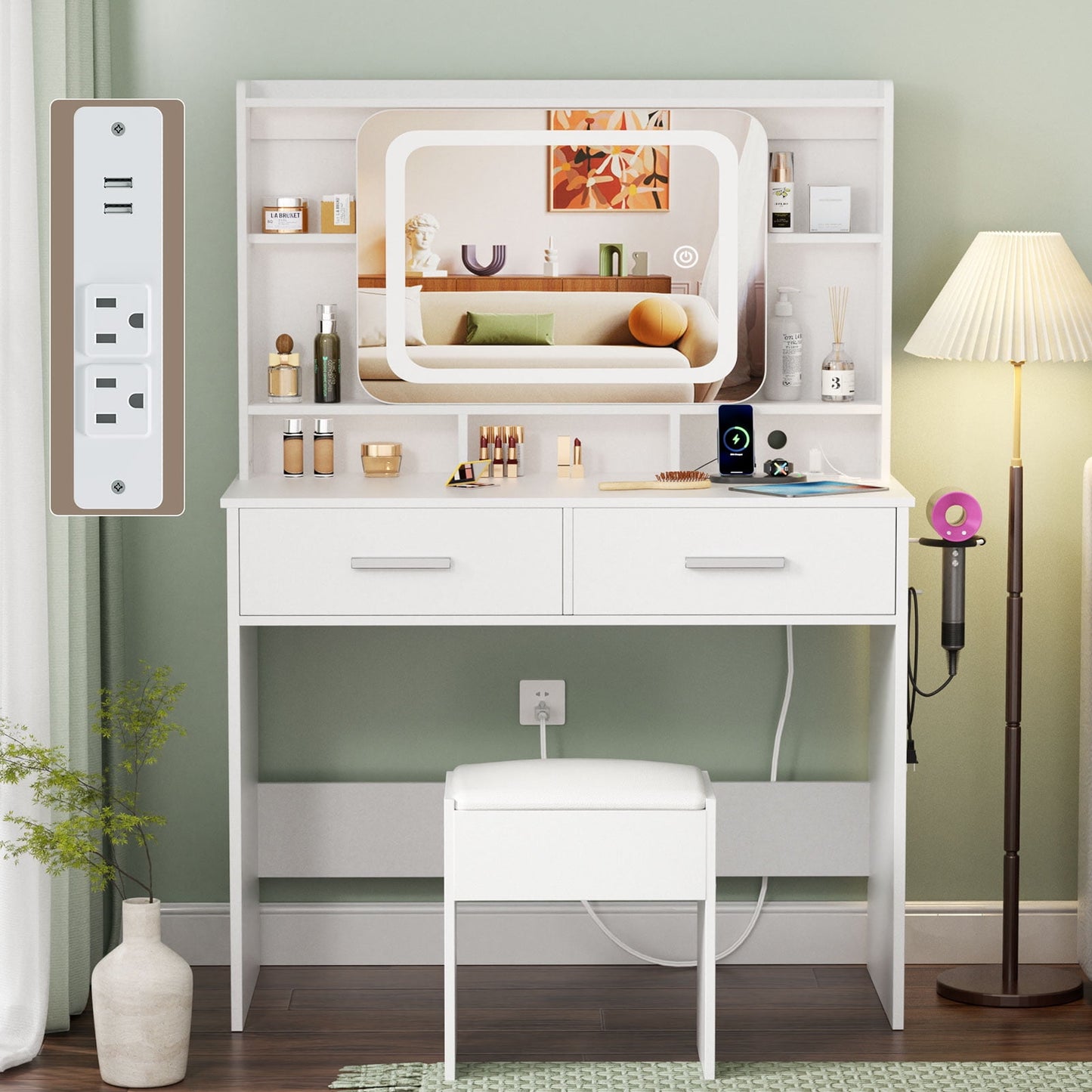 Satifur Vanity Desk with Slide Mirror and Lights, White Makeup Vanities Table and Stool Set with Charging Station and Drawers for Bedroom