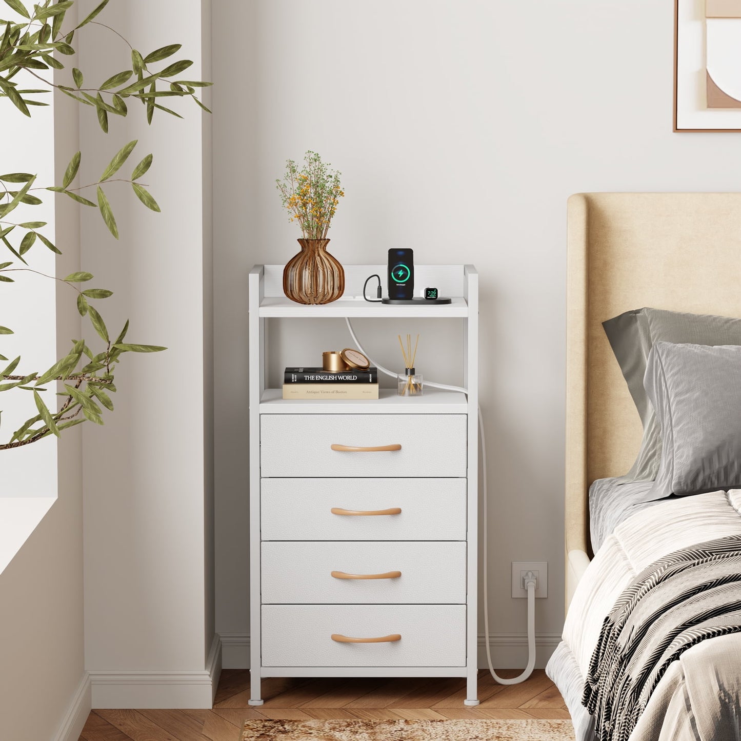 TYDIMOR Dresser Bedside Table with Charging Station, 4 Drawer Nightstand for Bedroom Furniture, White, Modern Style, Adults