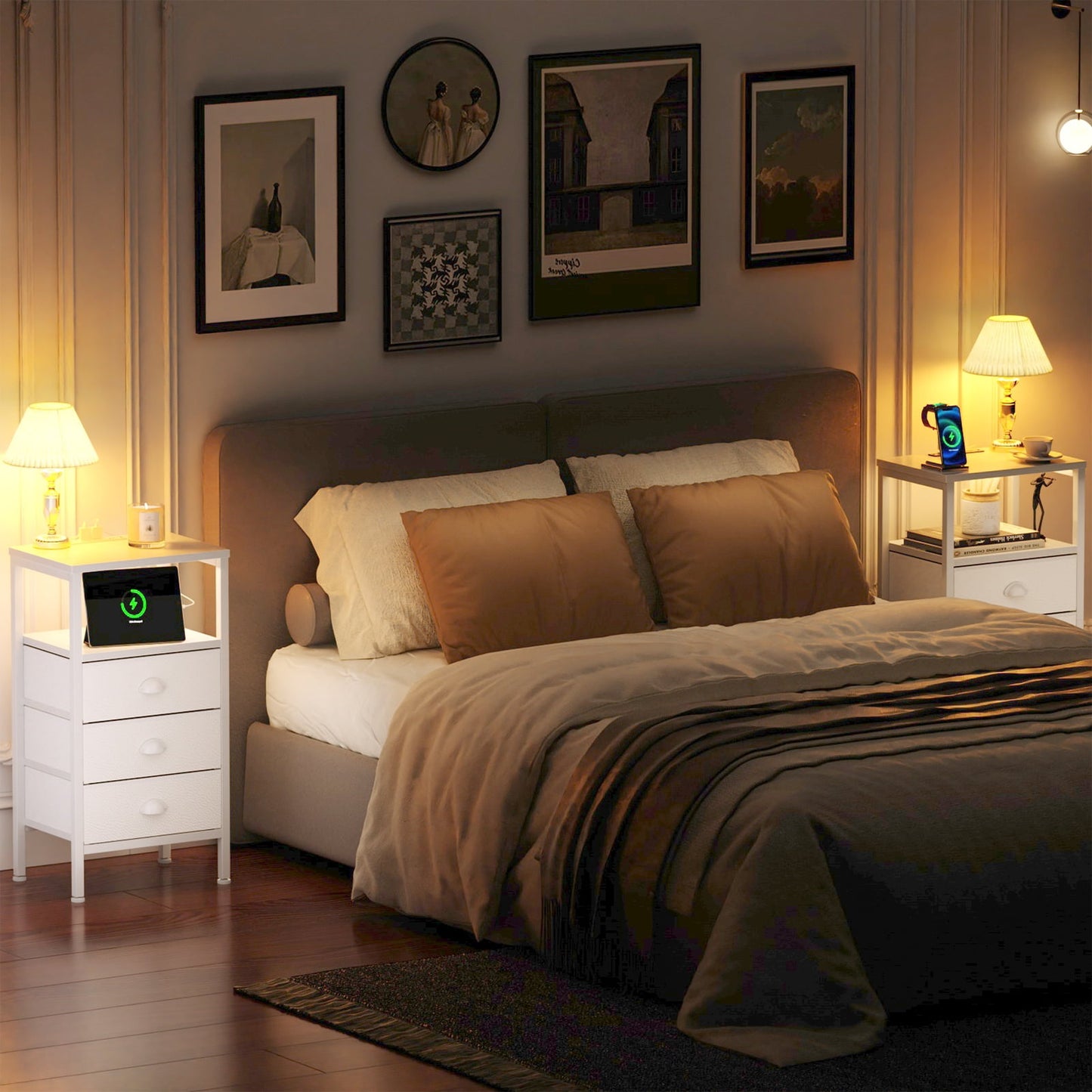 Satifur Nightstand with Charging Station Bedside Table with Fabric Storage Drawers, White