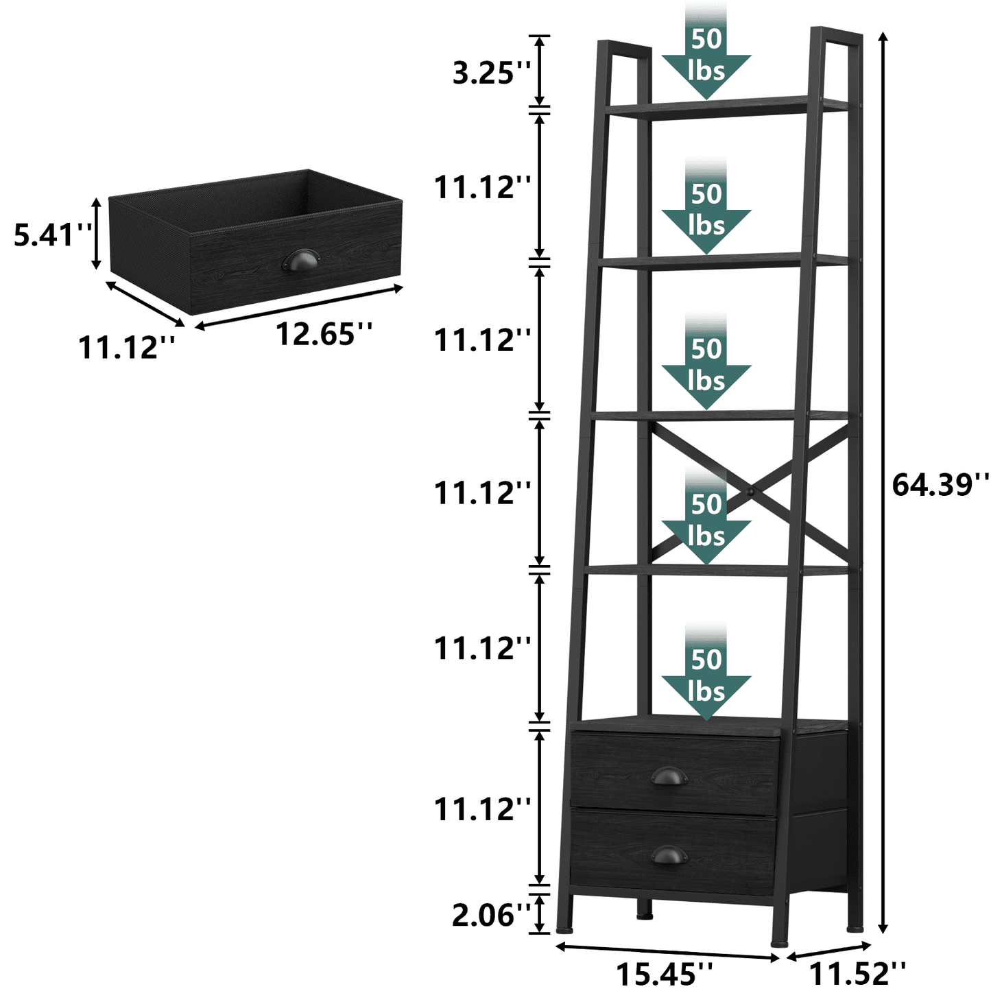 Tydimor 5-Tier 64"H Industrial Bookshelf with 2 Removable Drawers Narrow Bookcase for Living Room,Black Oak