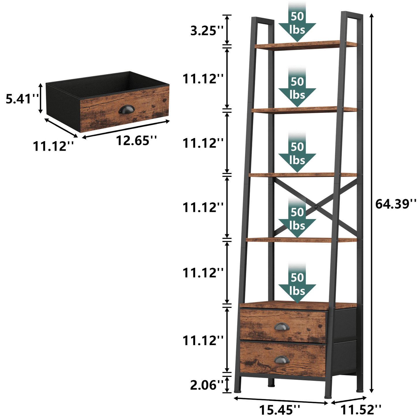 Tydimor 5-Tier 64"H Industrial Bookshelf with 2 Removable Drawers Narrow Bookcase for Living Room,Rustic Brown