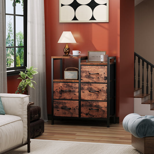 Satifur Chest of Drawers for Bedroom, 3 Tier Wide Dresser with 5 Fabric Drawers, Rustic Brown