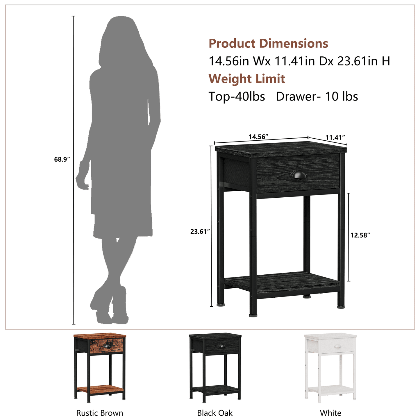 Satifur Nightstand for Bedroom,3-Tier End Table with Drawer,Black Oak Finish