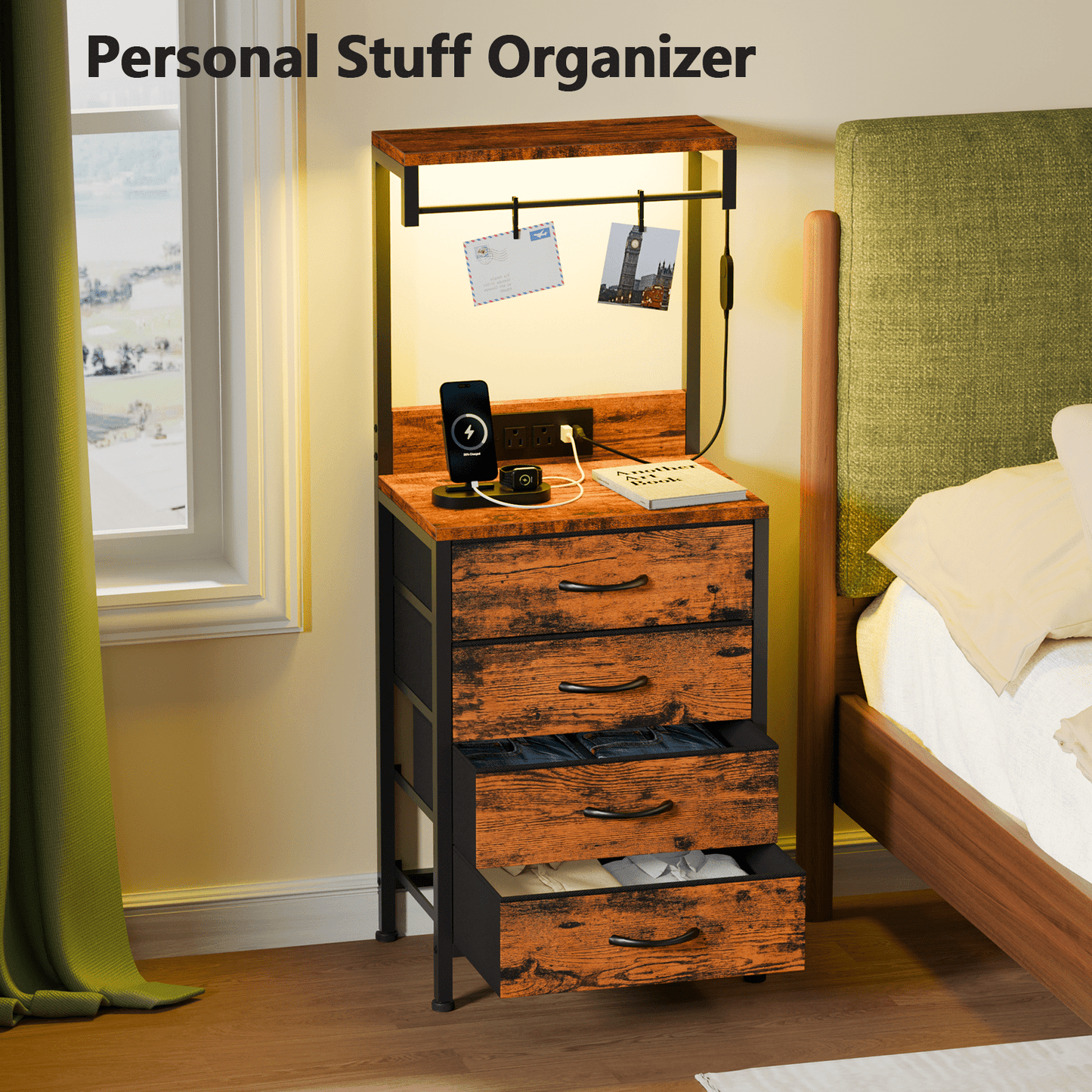 Satifur Tall Nightstand with Charging Station and Drawers, Bedside Table with 4 Fabric Drawers, LED Lights, and 2 Storage Shelves, Rustic Brown