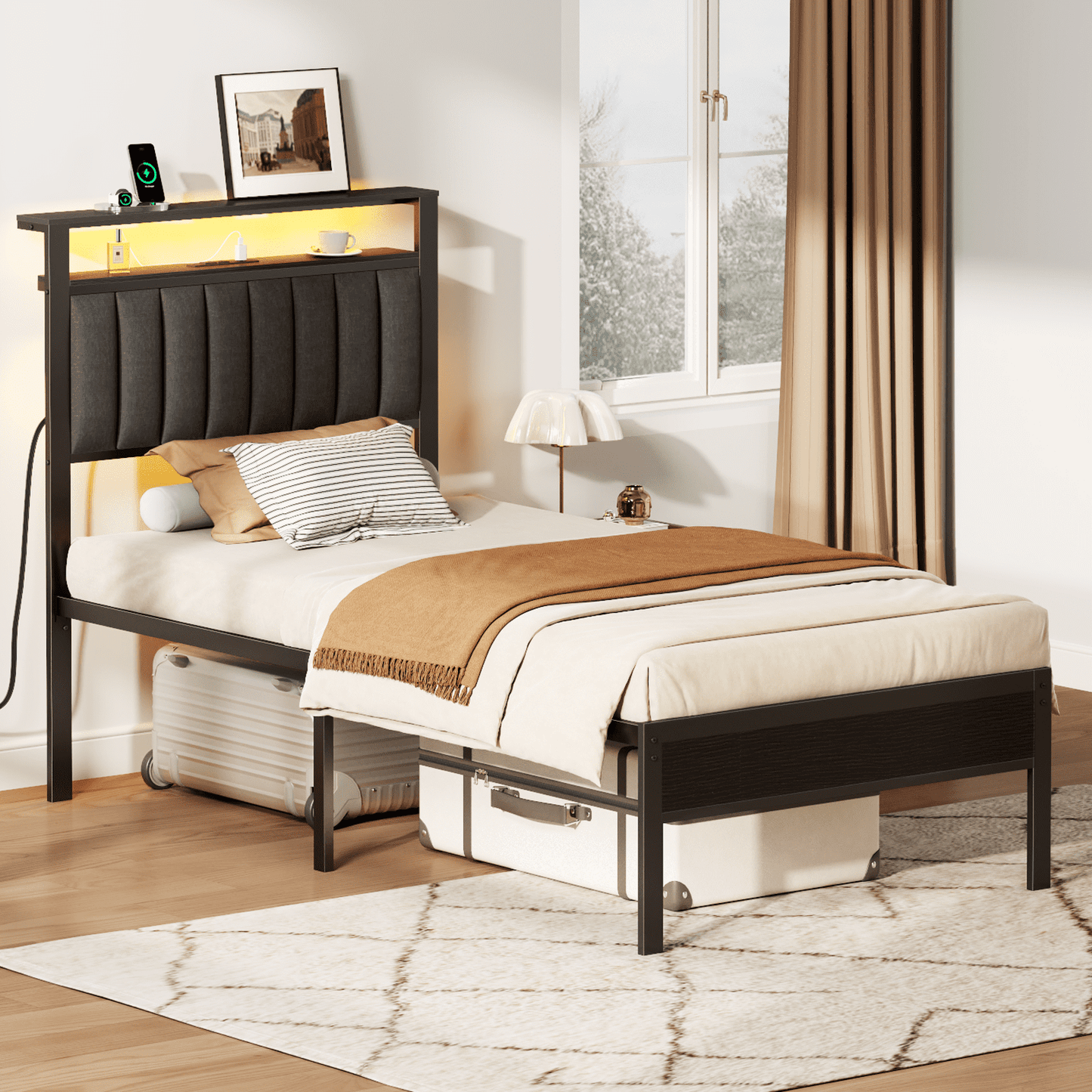 Satifur Twin LED Bed Frame with Smart RGB Lights, Headboard Charging Station, Versatile Storage Solution, Comfortable Upholstered Backrest, No Box Spring Needed