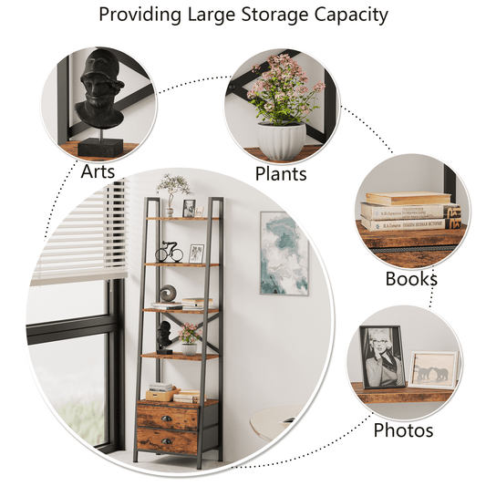 Tydimor 5-Tier 64"H Industrial Bookshelf with 2 Removable Drawers Narrow Bookcase for Living Room,Rustic Brown