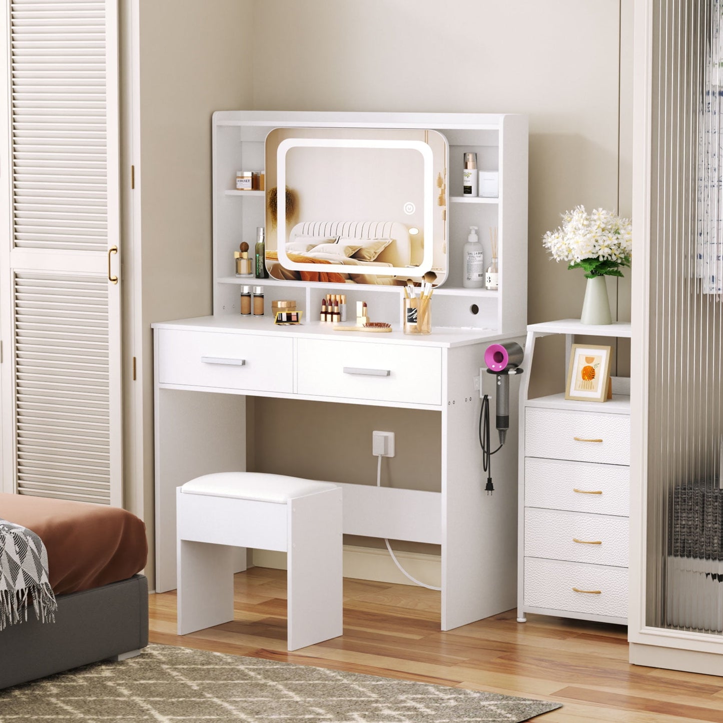 Satifur Vanity Desk with Slide Mirror and Lights, White Makeup Vanities Table and Stool Set with Charging Station and Drawers for Bedroom