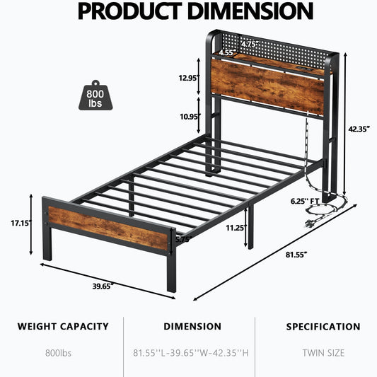 Hexmn Twin RGB LED Strip Platforrm Bed Frames with Headboard Metal, Storage Shelves & Underbed, Niose Free, No Box Spring Needed