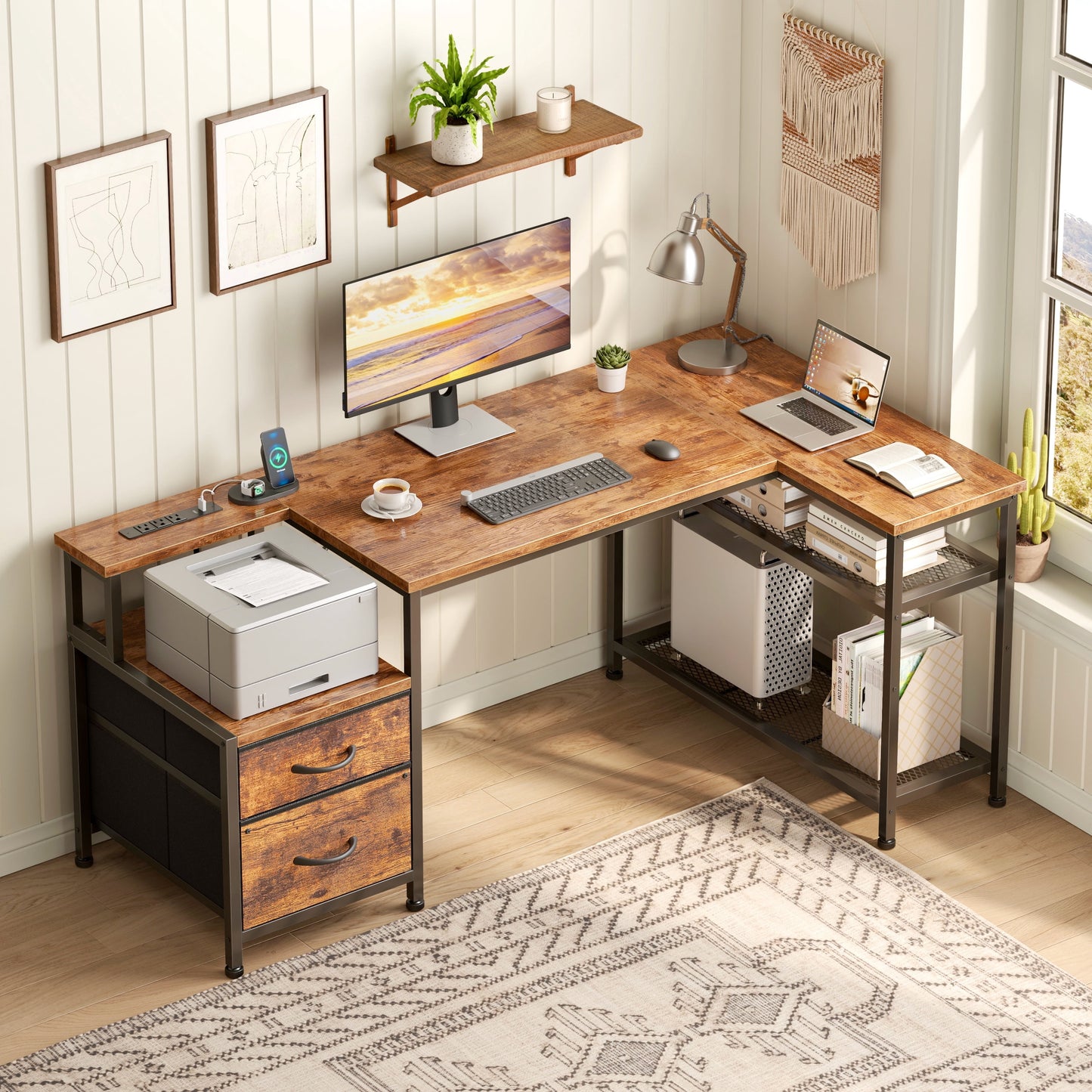 Satifur 49 Inch Vintage Computer Desk with 2 Drawers & Power Outlet, Sturdy Steel Frame Wooden Desktop, for Home & Office Use