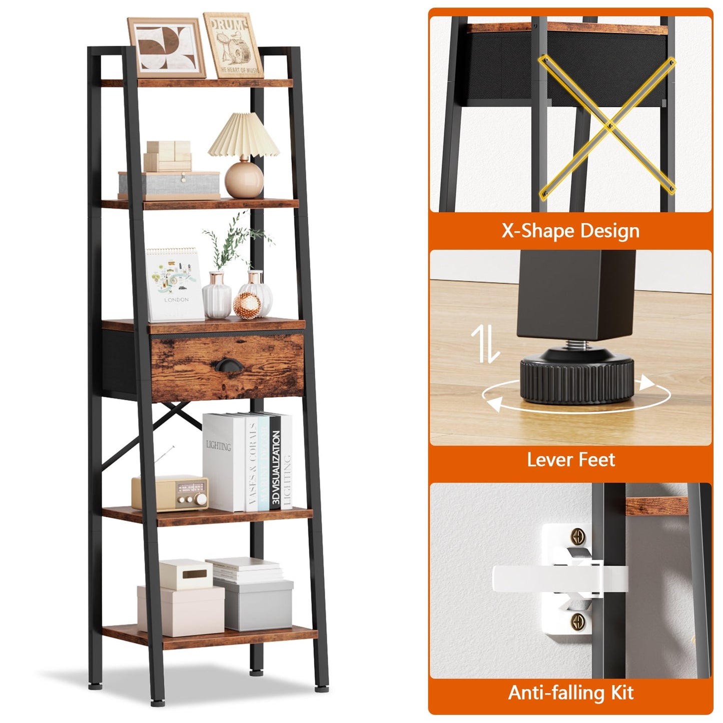 Tydimor 5-Tier 59.5" Ladder Bookshelf with Removable Drawers Narrow Bookcase for Living Room,Rustic Brown