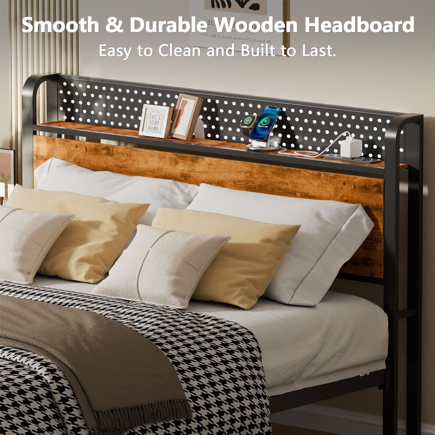 Satifur LED Bed Frame Queen Size with 2 USB Ports and Outlets, Platform Metal Bed Frame, No Box Spring Needed, Noise-Free