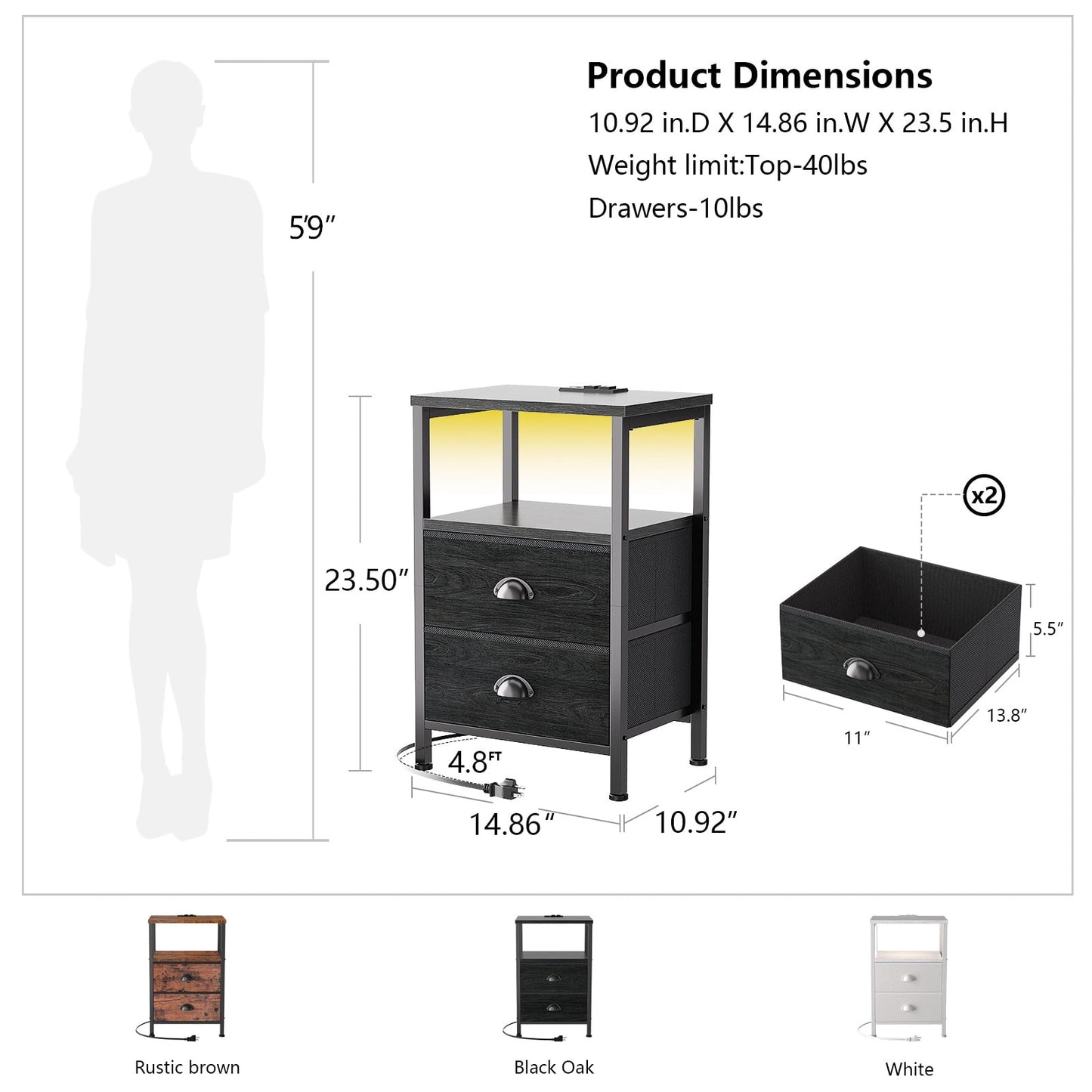 Satifur Bedside Table with Charging Station,Set of 2 LED Nightstand with 2 Fabric Drawers,Black Oak