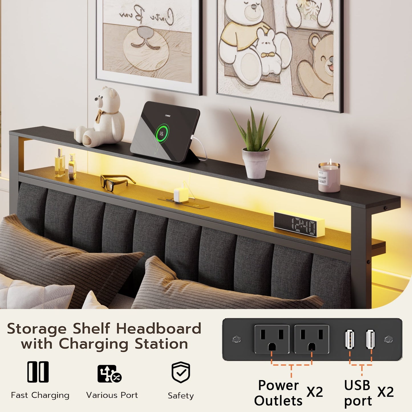 Tydimor Queen Bed Frame with 2 Drawers & Storage Headboard, Platform Metal Bed with 2 USB Ports and Outlets, No Box Spring Needed