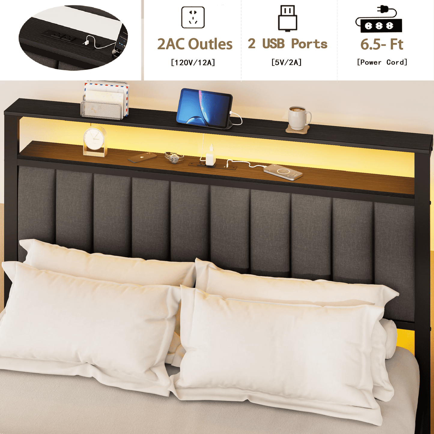 Tydimor King Size Metal Smart Bed Frames with Upholstered Headboard, LED Lights, USB Ports and Outlets, Storage Shelves & Underbed