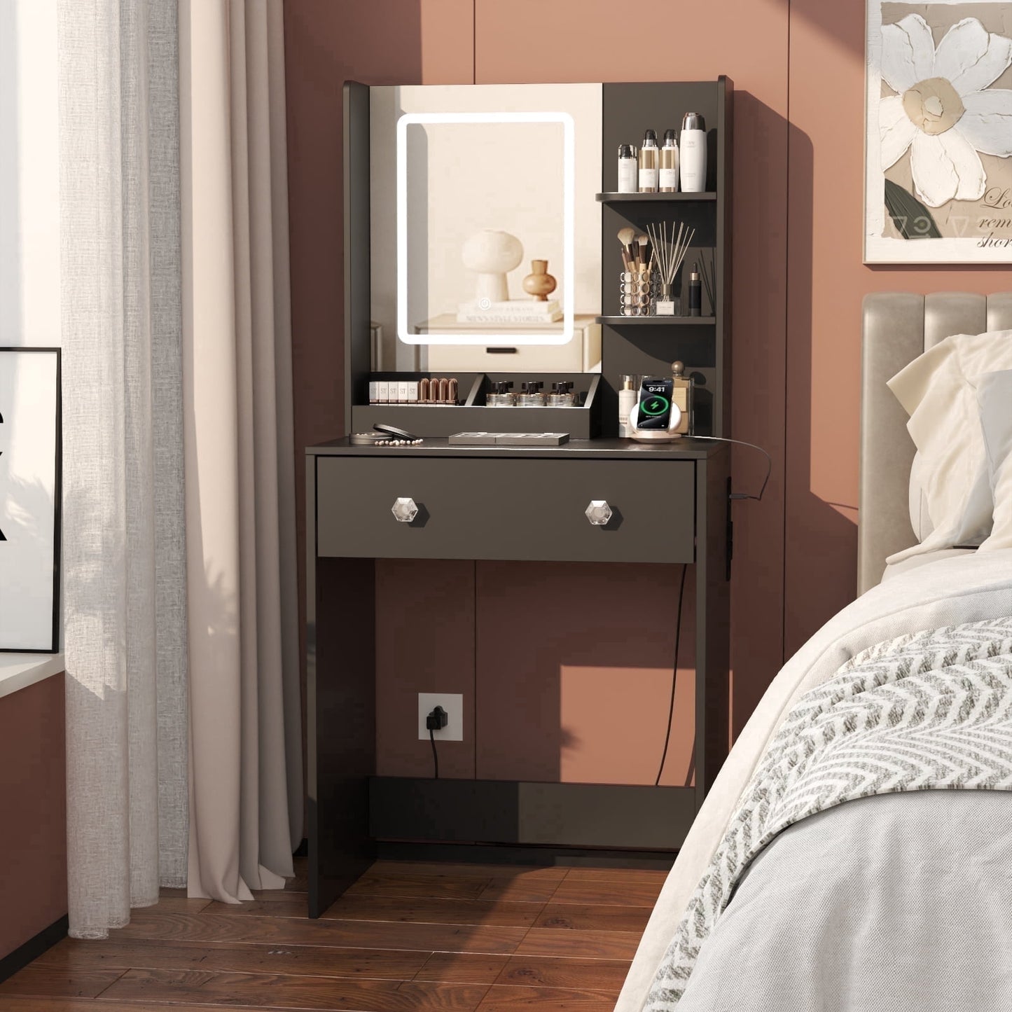 Satifur Vanity Desk with Mirror & Lights, GRWM Vanity with Drawers & Storage Shelves, Makeup Dressing Table with Charging, Black