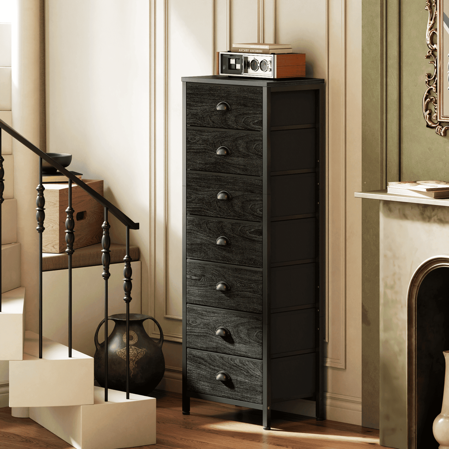 Tydimor 7-Drawer Tall Dresser Bedside Fabric Nightstand with Storage,Black Oak