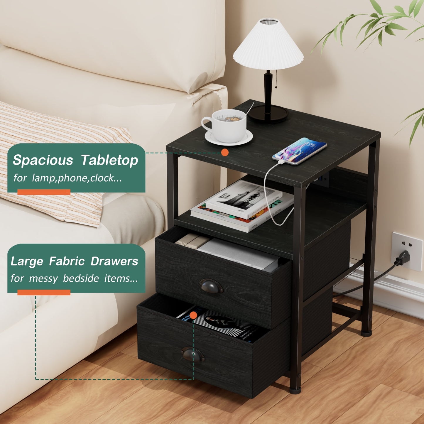 Satifur Nightstand Set of 2, Side End Table with Charging Station, Black Oak