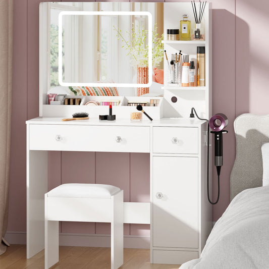 Satifur Vanity Set with Mirror & Lights, Women Makeup Table with Charging Station, Sturdy Dressing Desk with Drawers & Stool