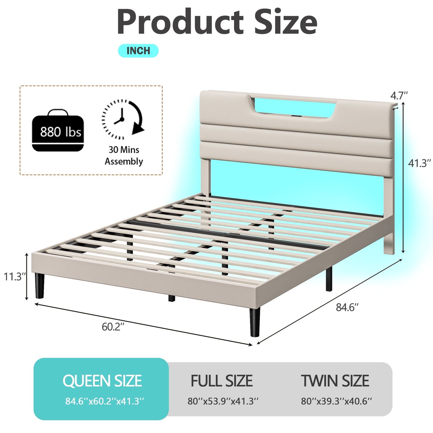 Tydimor Beige Fine Linen Fabric Bed Frame with Upholstered Headboard & Charge Station, Queen Size Bed Frame with LED Lights, No Box Spring Needed