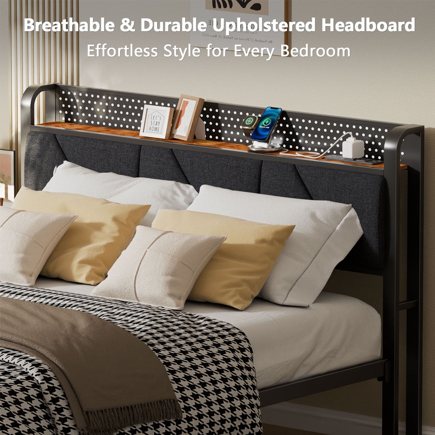 Satifur Full Bed Frame with Upholstered Storage Headboard, Metal Platform Bed Station with Charging Station & LED, Noise-Free. No Box Spring Needed