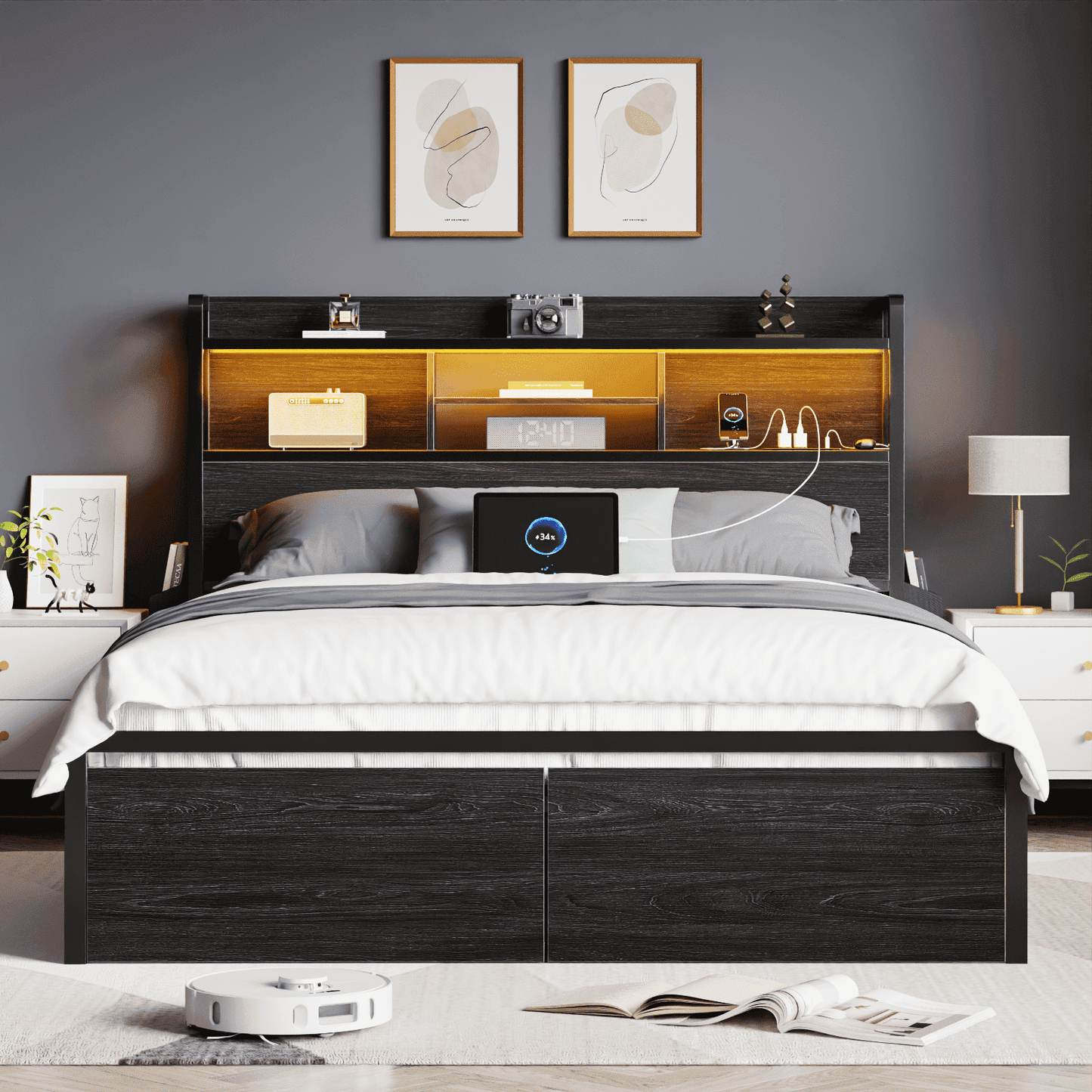 Satifur Queen Bed Frame with 2 Drawers & Headboard Storage Shelf, Noise Free, Black