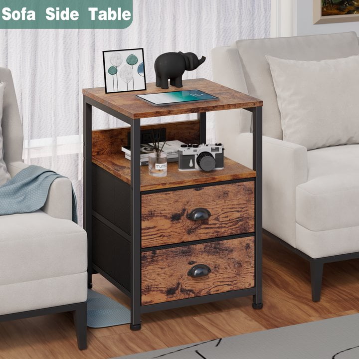 Satifur Nightstand Set of 2, Side End Table with Charging Station, 2 Drawers, Rustic Brown