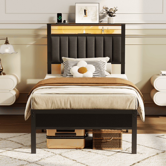 Satifur Twin LED Bed Frame with Smart RGB Lights, Headboard Charging Station, Versatile Storage Solution, Comfortable Upholstered Backrest, No Box Spring Needed