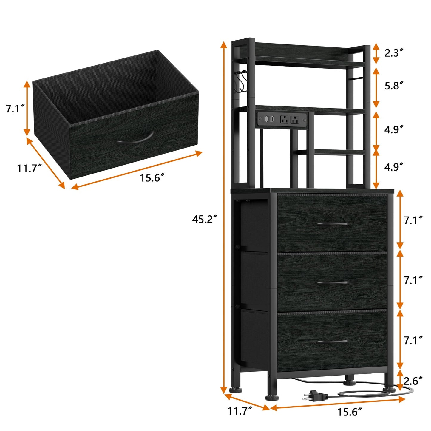 Satifur Tall Nightstand with Charging Station and LED Lights, Bedside Table with Drawers and Bookshelf, Black